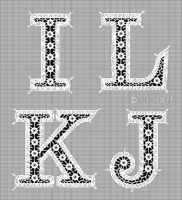 白色花边。字母I L K J。
